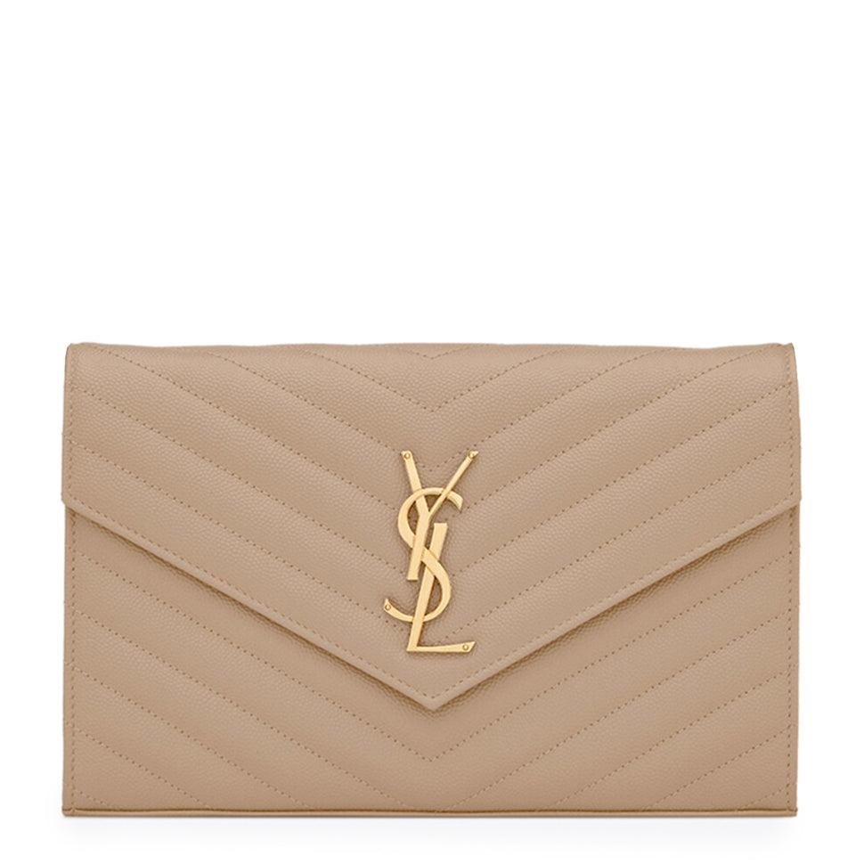 Saint Laurent Cassandre Matelasse Dark Beige Chain Wallet