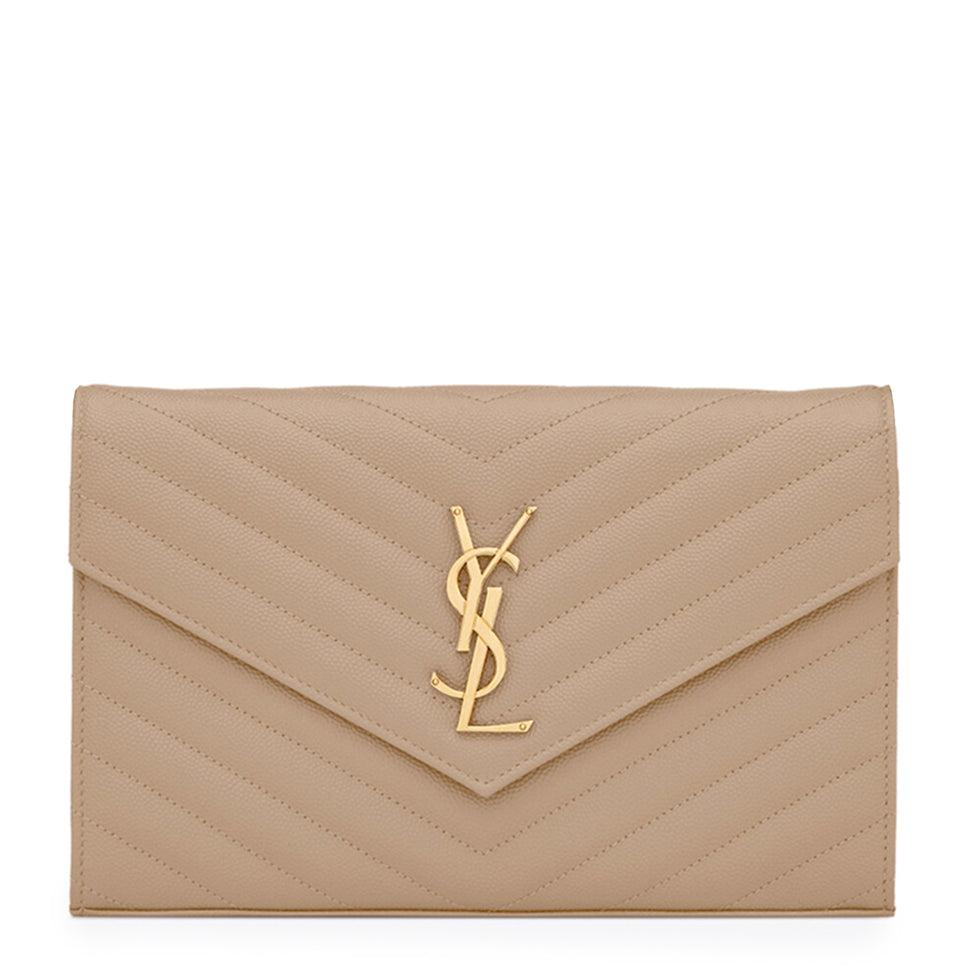 Saint Laurent Cassandre Matelasse Dark Beige Chain Wallet