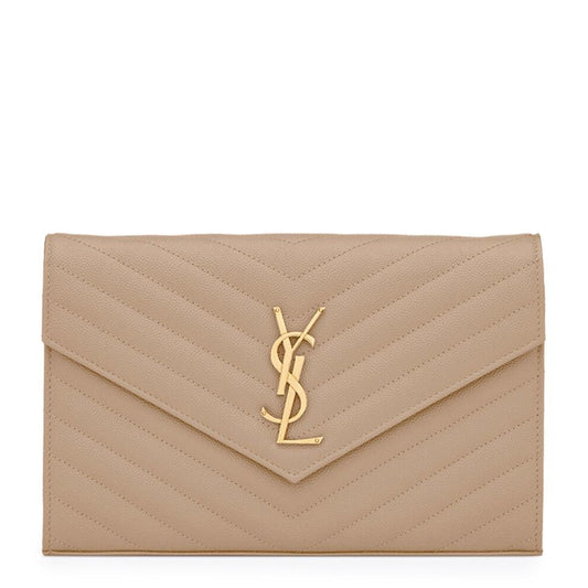 Saint Laurent Cassandre Matelasse Dark Beige Chain Wallet